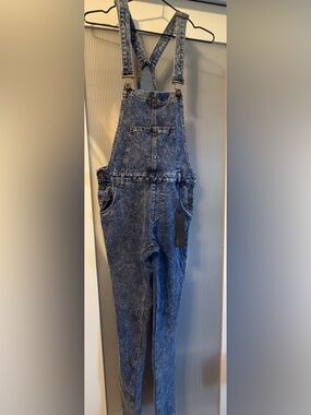 JCJQ Women's Acid Wash Denim Overalls in Dark Blue